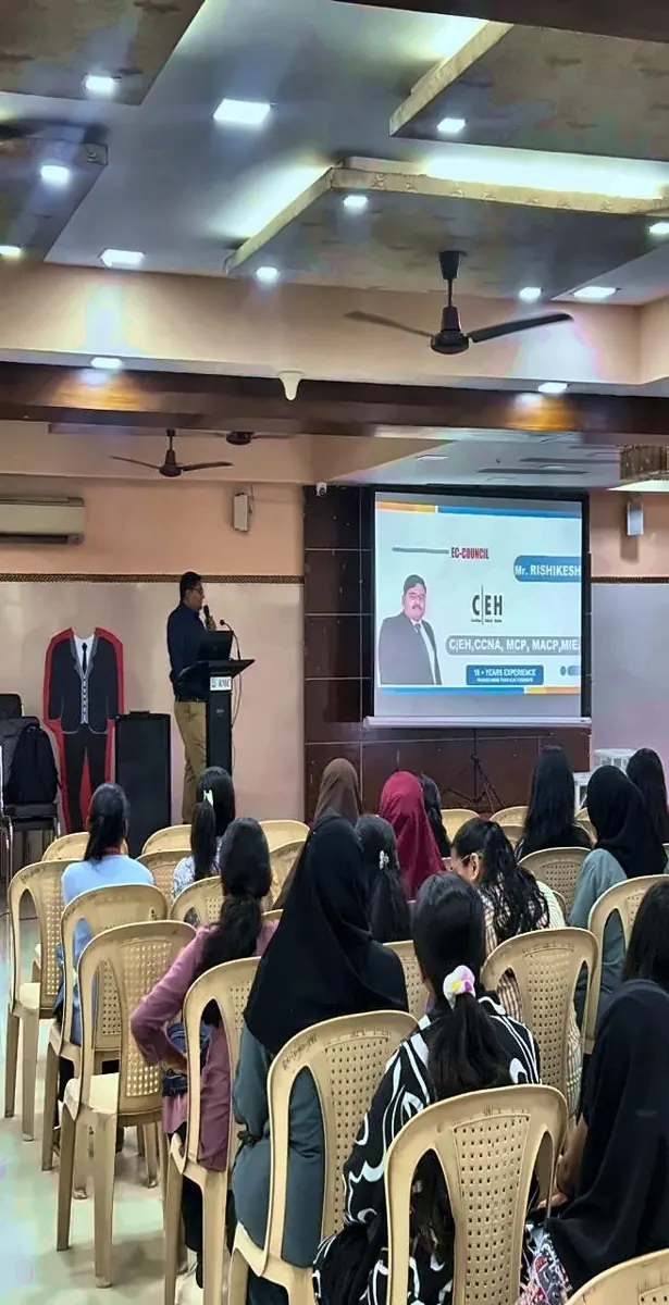 Rishikesh Pandey conducting a Cyber Security with practical demonstrations session at Reena Mehta College of Arts, Commerce, Science & Management Studies, 10 Feb 2026
